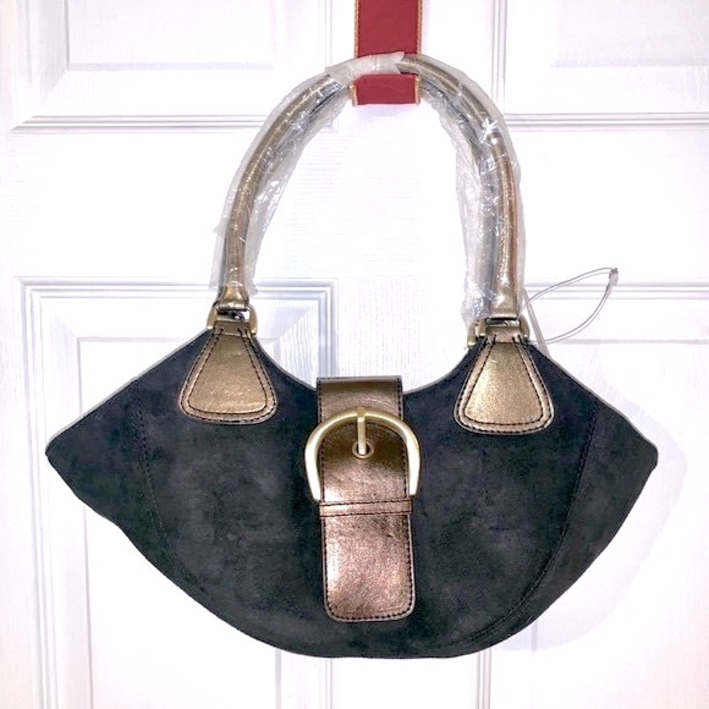 Crescent Faux Suede & Metallic Handbag